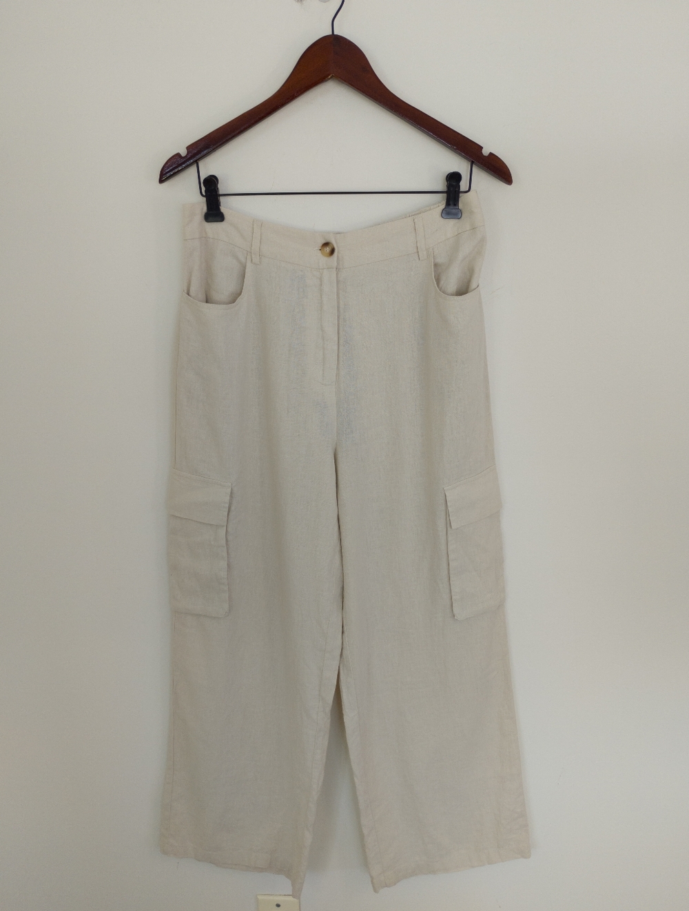 Sincerely Jules Linen Blend Wide Leg Cargo Pants Cream Ivory Large New